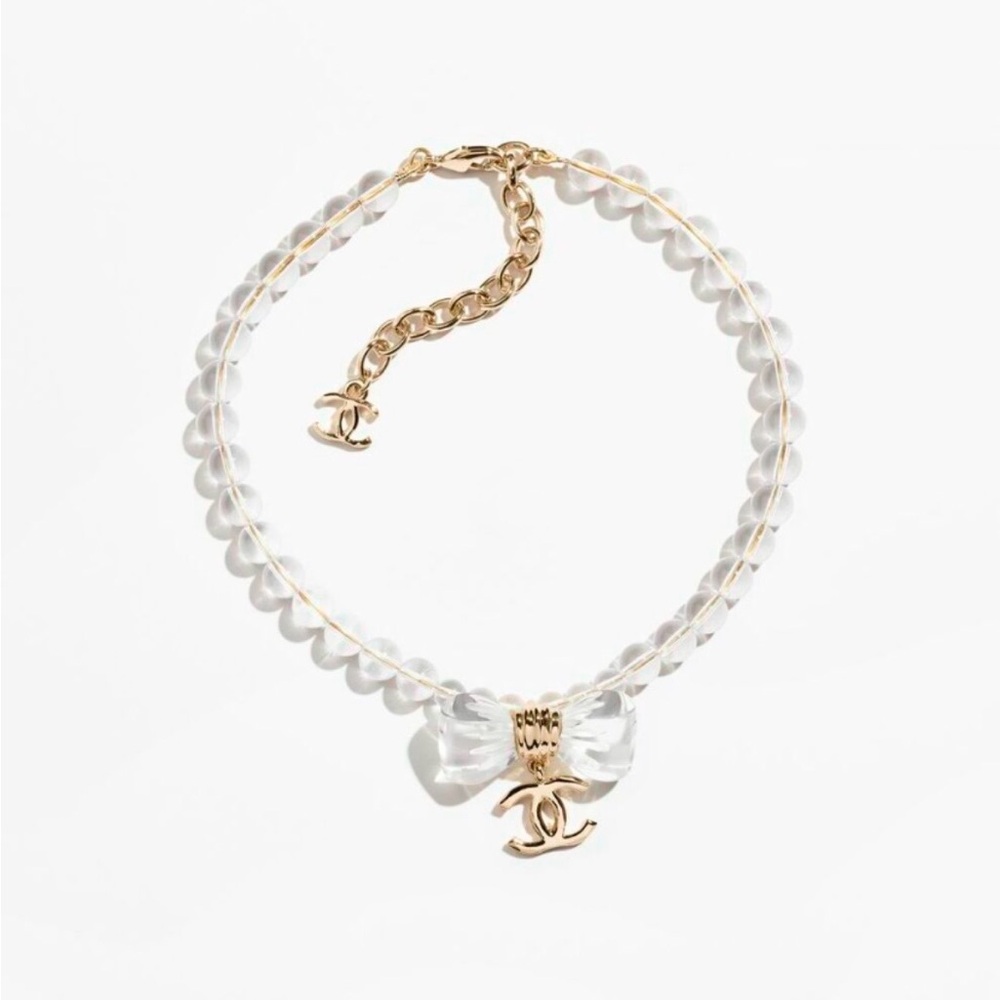 Chanel Resin Bead Bow CC Choker Necklace Gold